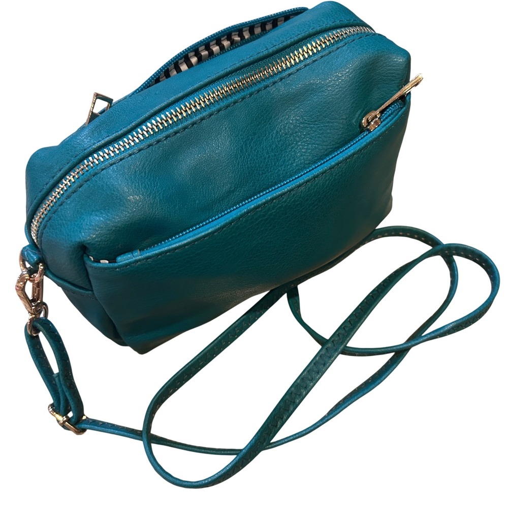 Teal Faux Leather Crossbody Bag Gold Tone Zipper Front Pocket Adjustable Strap - Picture 2 of 7
